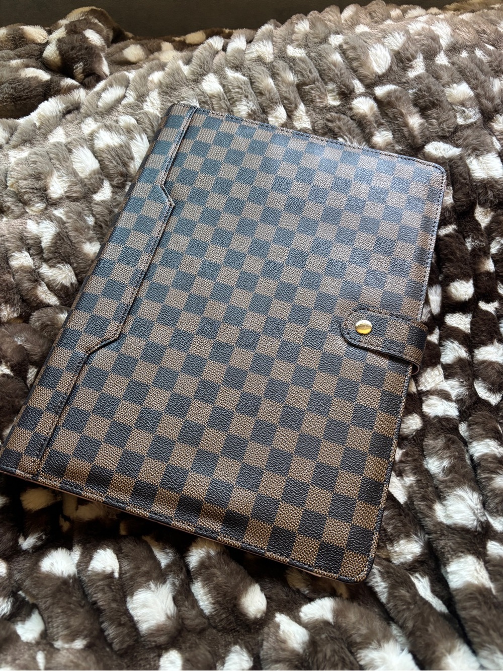 Brown Checkered A4 Folio Case with Snap Closure